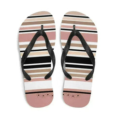 Striped Beige Black & Cream Flower Detail Flip Flops. Beach Shoes - Femstylo