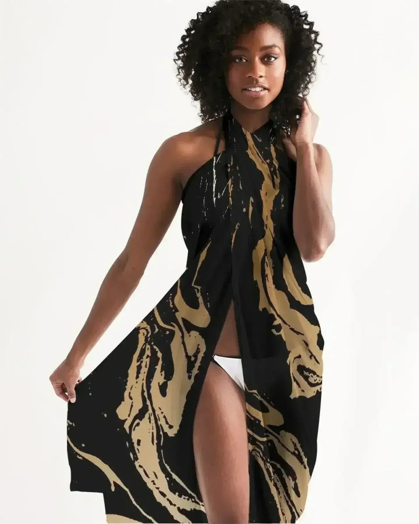 Sheer Swimsuit Cover Up Abstract Print Gold and Black - Femstylo