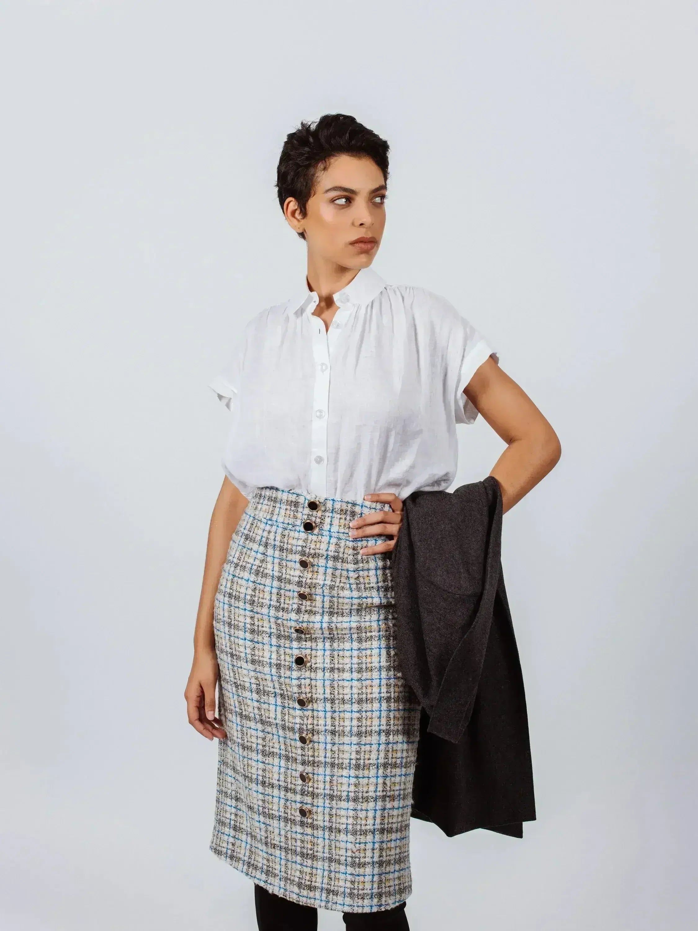 Luxe Plaid Tweed Pencil Skirt - Femstylo
