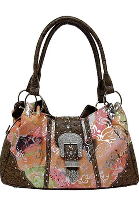 Texas Leather Floral Print Handbag – Tooled Trim & Gun Pocket | Brown - Femstylo