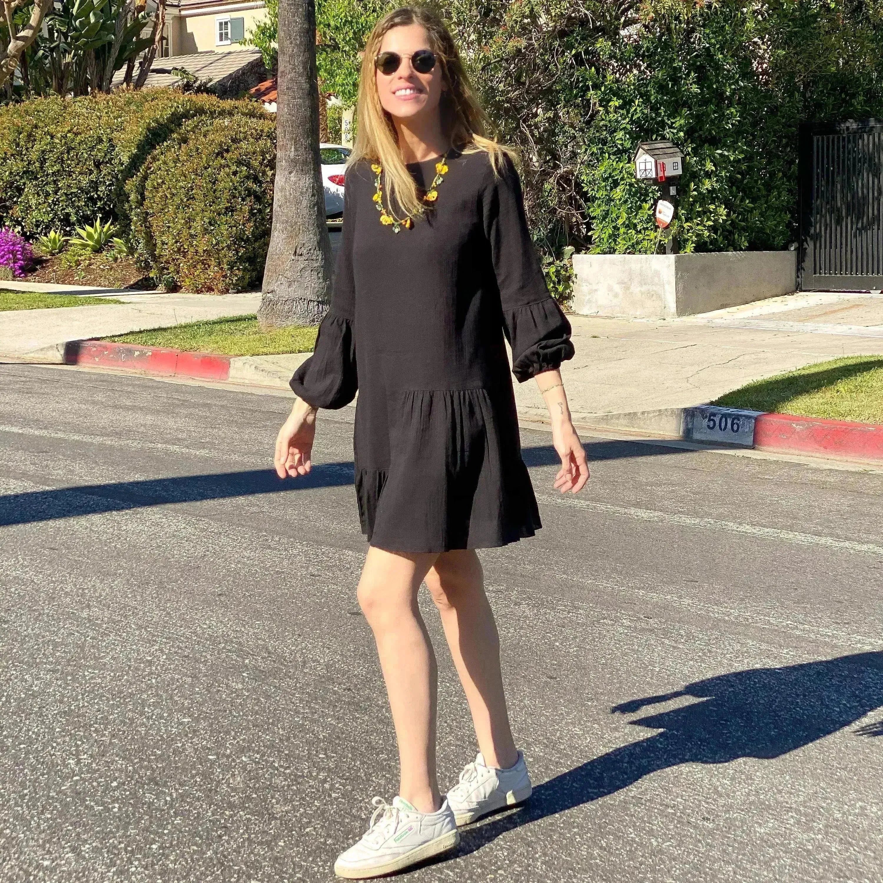 Gaia Black Mini Dress | Puffed Sleeves | Tiered Ruffles - Femstylo