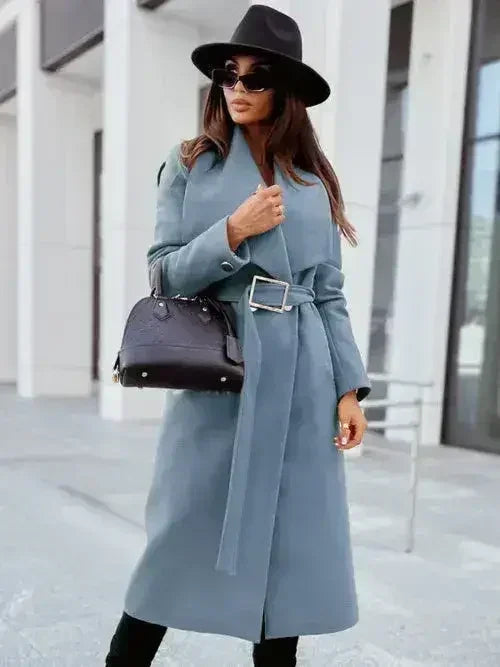 Women's long-sleeved buttoned V-neck strappy woolen coat - Femstylo