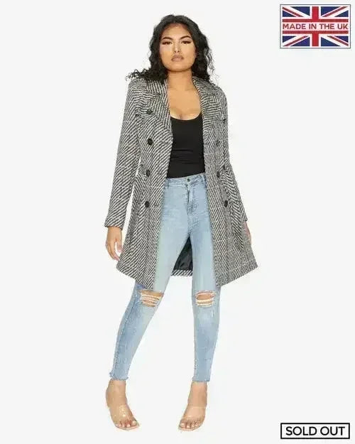Wool Blend Check Double Breasted Military Coat - Femstylo