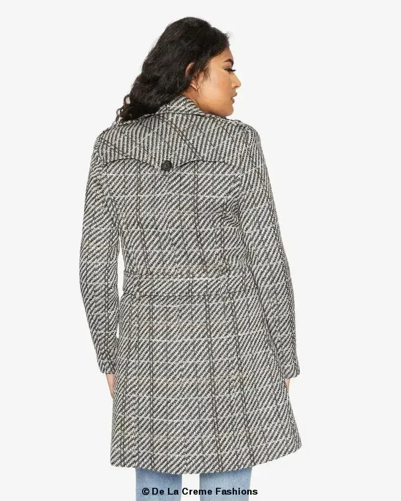 Wool Blend Check Double Breasted Military Coat - Femstylo