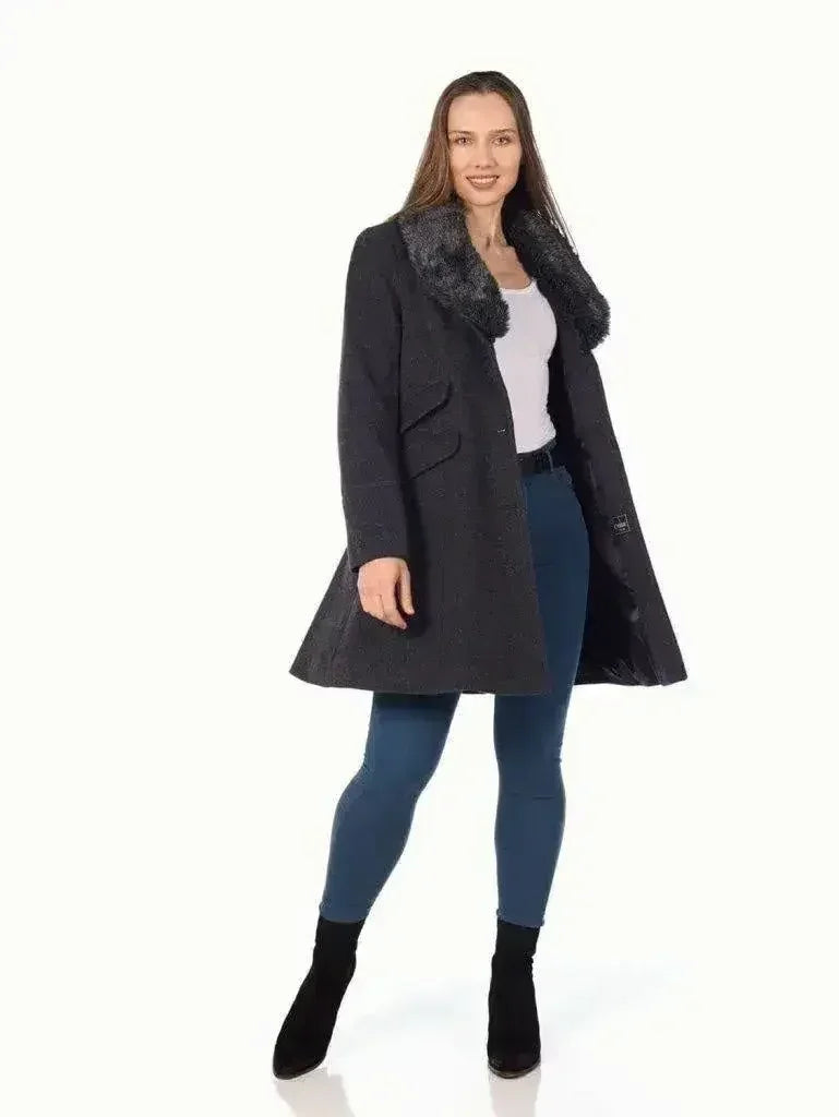 Wool Blend Faux Fur Collar Midi Coat - Femstylo