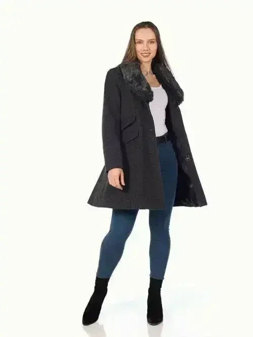 Wool Blend Faux Fur Collar Midi Coat - Femstylo