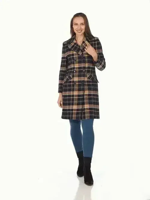 Wool Blend Tartan Check Double Breasted Coat - Femstylo