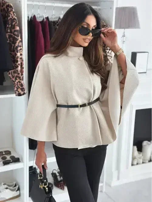 Winter Fashion Solid Color Waist Tie Woolen Cape Coat Women's Clothing - Femstylo
