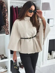 Winter Fashion Solid Color Waist Tie Woolen Cape Coat Women's Clothing - Femstylo