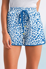 Blue Leopard Elastic Waist Lace up Contrast Trim Casual Shorts