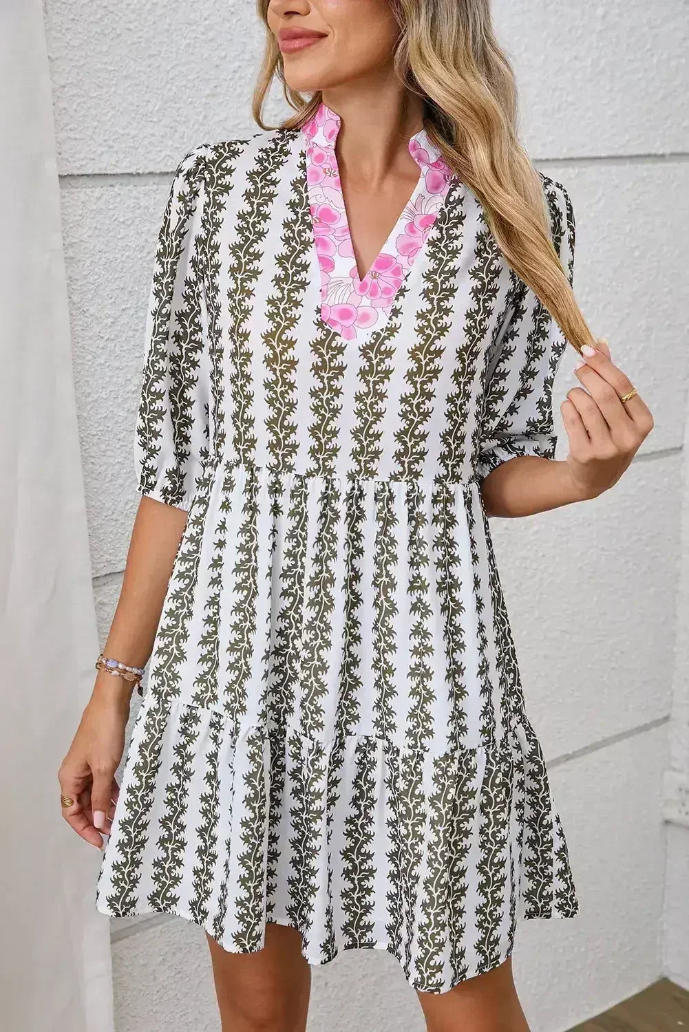 Black Floral Abstract Print Tiered Pop of Color Neckline Dress - Femstylo