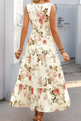 White Floral Print V Neck Sleeveless Tiered Dress - Femstylo