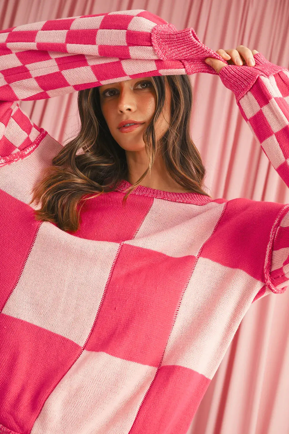 Rose Red Checkered Drop Sleeve Knit Sweater