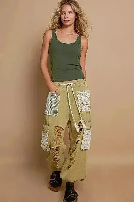 POL Crochet Patch Distressed Washed Jeans - Femstylo