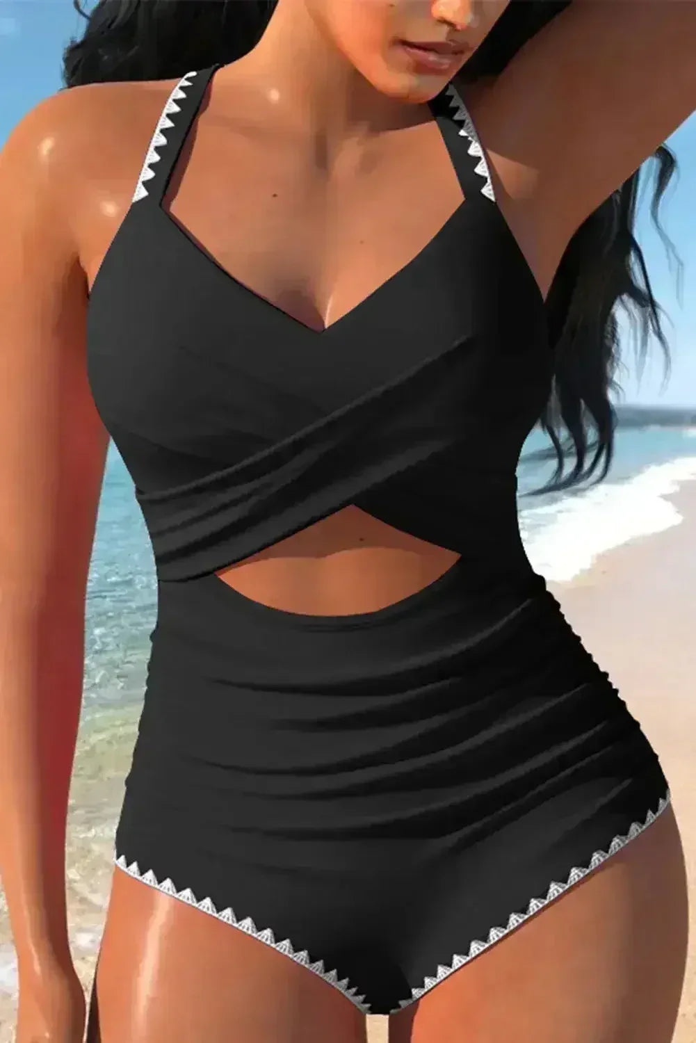 Rose Red Ric Rac Trim Colorblock Cutout One Piece Swimsuit - Femstylo