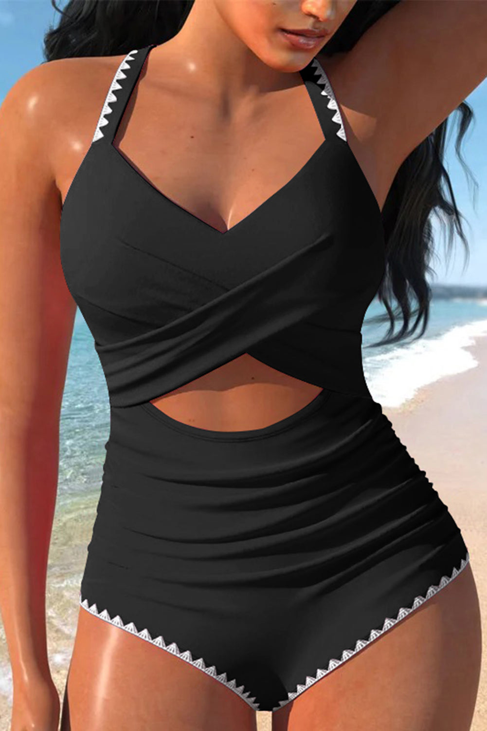Rose Red Ric Rac Trim Colorblock Cutout One Piece Swimsuit