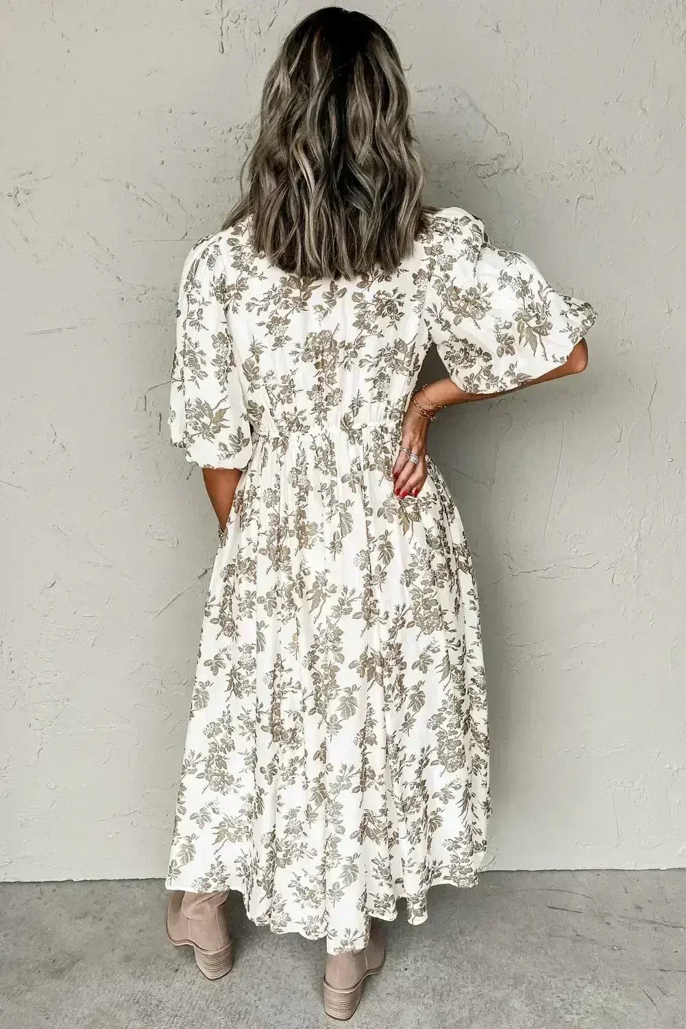 Khaki Floral Puff Sleeve V Neck Buttoned Front Maxi Dress - Femstylo