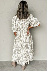 Khaki Floral Puff Sleeve V Neck Buttoned Front Maxi Dress - Femstylo