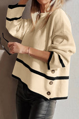 Beige Ribbed Knit Contrasted Stripe Detail Button Side Loose Sweater