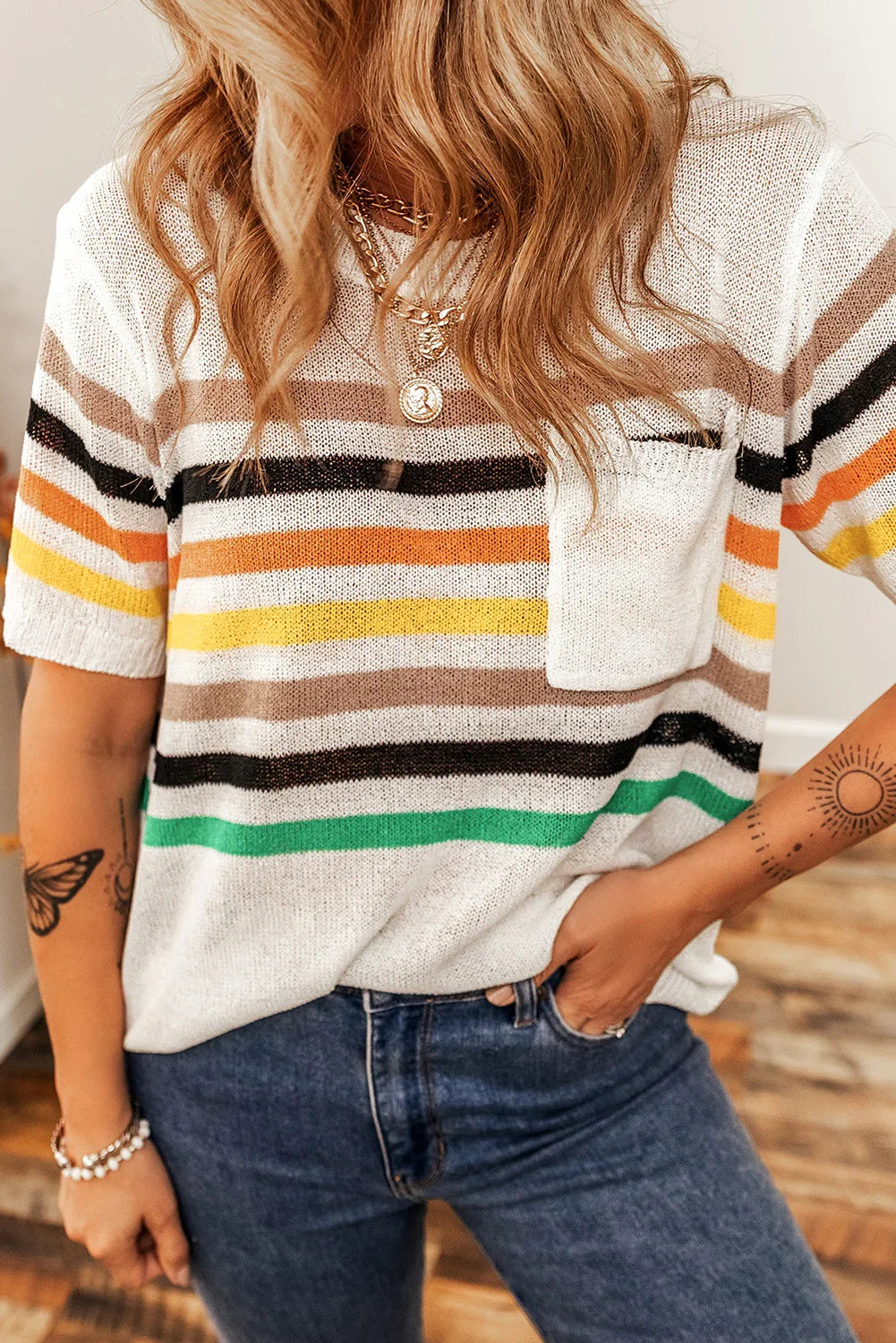 White Colorful Striped Pocket Loose Fit Knitted T Shirt