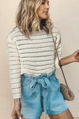 White Hollow Out Knit Round Neck Sweater