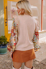 Parchment Cable Knit Ruffle Detail Contrast Floral Sleeve Patchwork Sweater