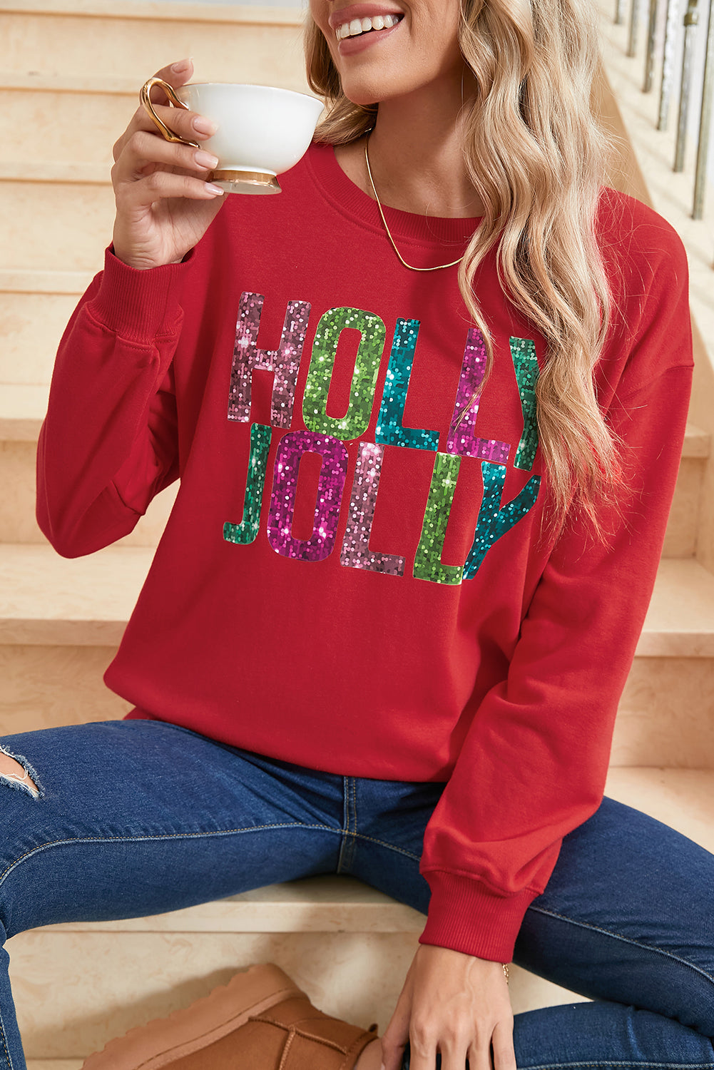 Red HOLLY JOLLY Heat Transfer Printing Graphic Christmas Pullover Sweatshirt