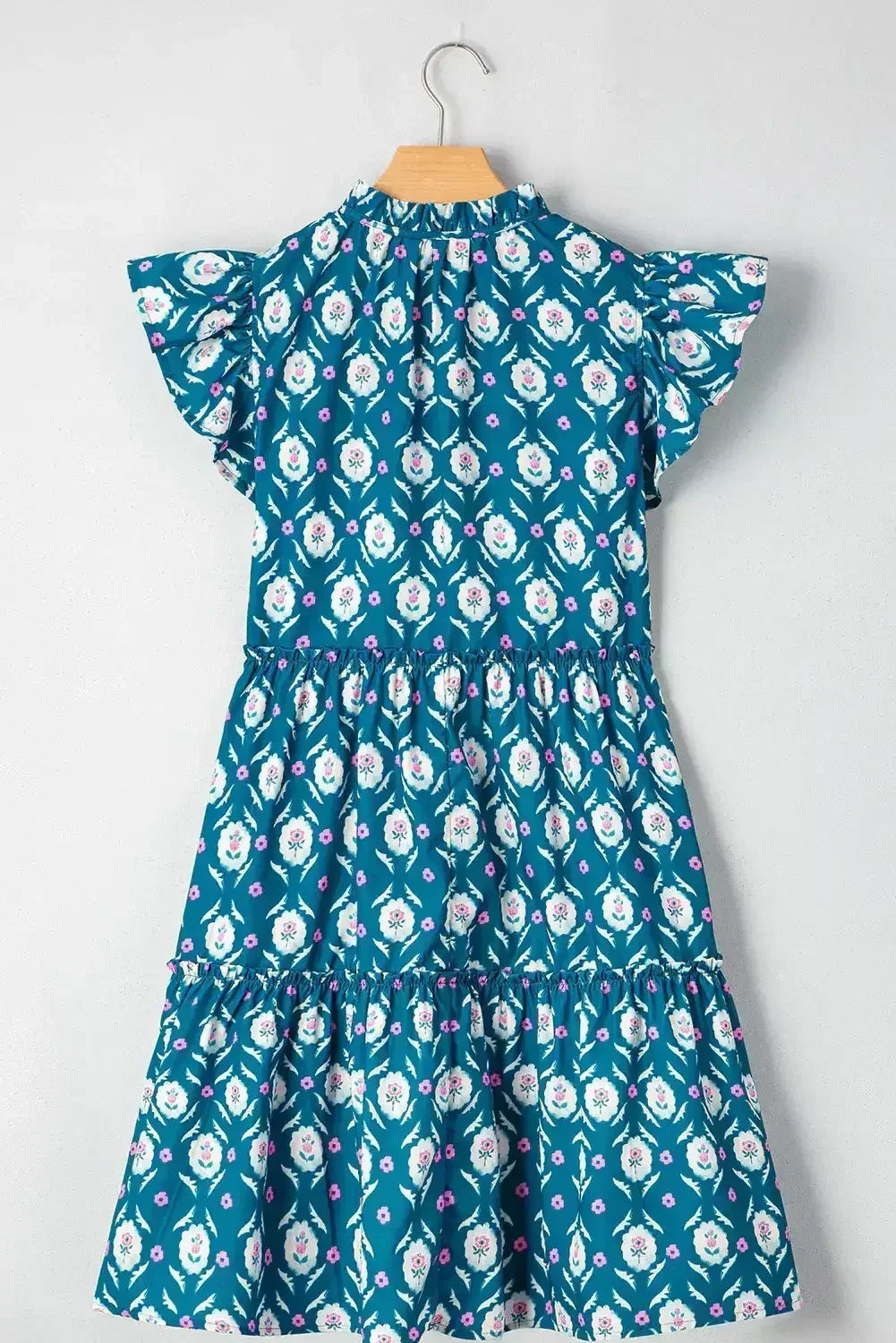 Blue Retro Floral Print Split Neck Ruffle Short Sleeve Dress - Femstylo