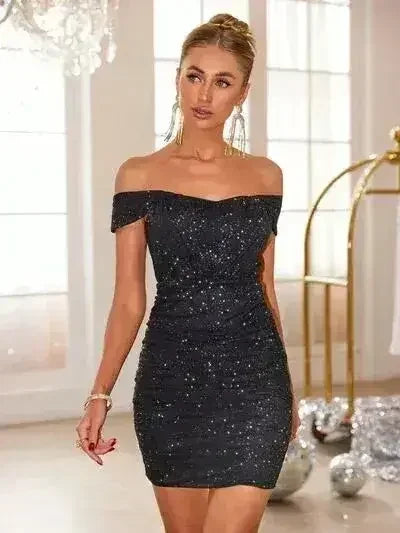 Glitter Ruched Off-Shoulder Mini Dress - Femstylo