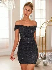 Glitter Ruched Off-Shoulder Mini Dress - Femstylo