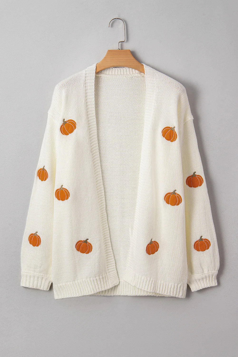 White Pumpkin Print Open Front Drop Shoulder Knit Cardigan