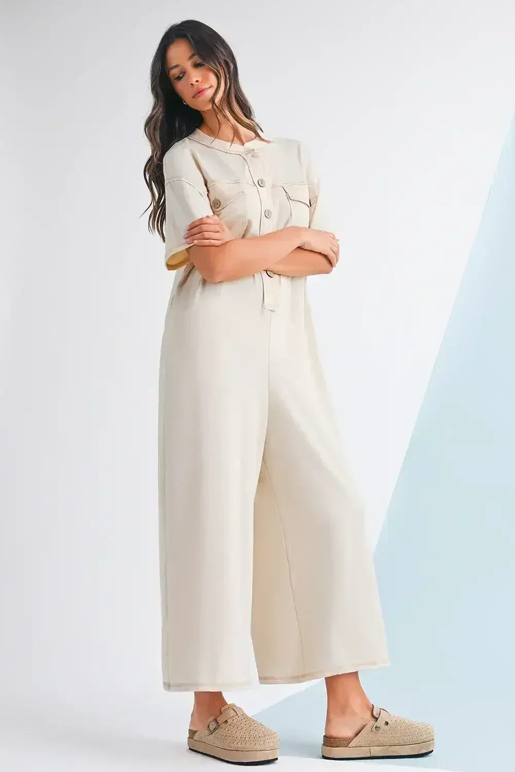 Jet Stream Patchwork Pocket Short Sleeve Jumpsuit - Femstylo