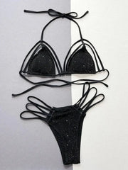 Glitter Halter Neck Strappy Two-Piece Bikini Set - Femstylo
