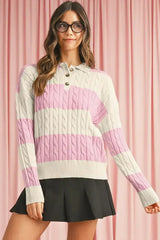 Pink Colorblock Button Collar Twisted Cable Knit Sweater - Femstylo