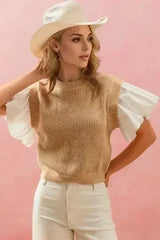 Oh Full Size Ruffled Round Neck Short Sleeve Sweater - Femstylo
