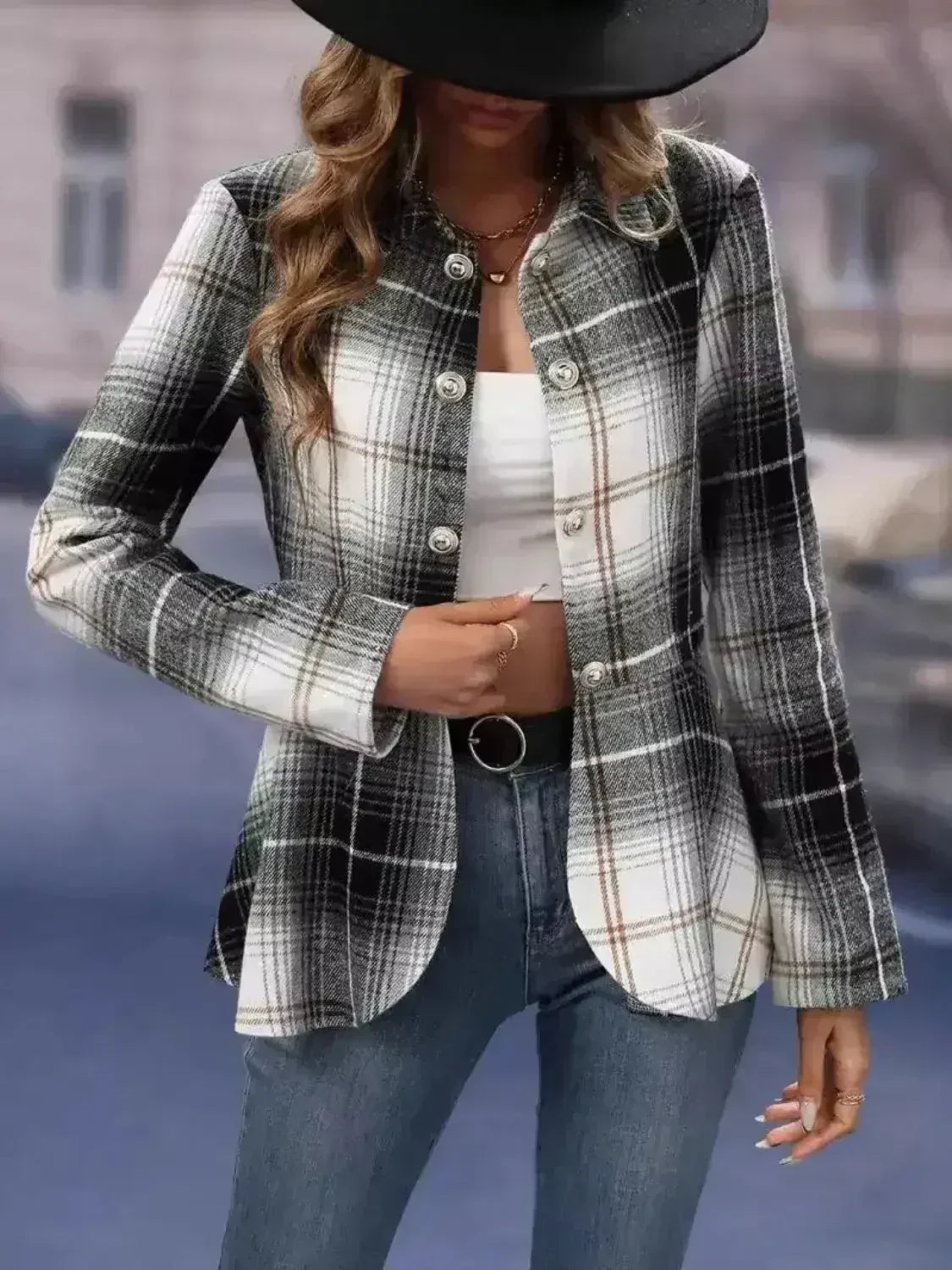 Plaid Button Up Long Sleeve Jacket - Femstylo