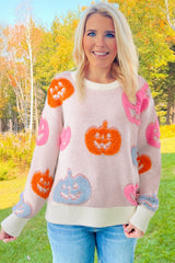 Beige Halloween Cute Pumpkin Pattern Sweater