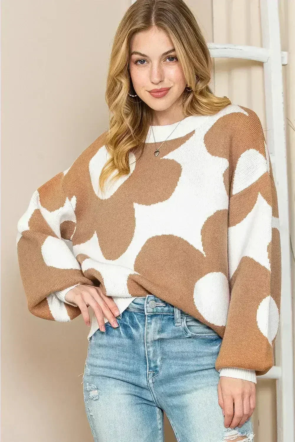 Khaki 60s Floral Pattern Ribbed Trim Pullover Sweater - Femstylo