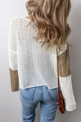 Brown Colorblock Hollow-out Tie V Neck Lightweight Sweater - Femstylo