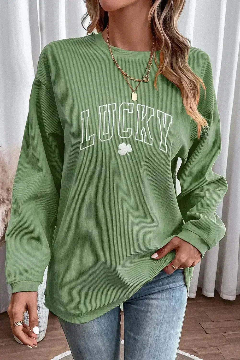 Grass Green LUCKY Clover Drop Shoulder Ribbed St Patrick Sweatshirt - Femstylo