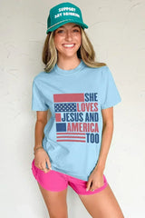 Light Blue SHE LOVES JESUS AND AMERICA TOO Patriotic T Shirt - Femstylo