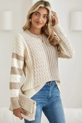 Khaki Cable Knit Colorblock Crew Neck Drop Shoulder Sweater - Femstylo