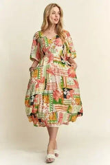ADORA Floral V-Neck Puff Sleeve Midi Dress - Femstylo
