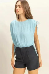 HYFVE Bubble Hem Side Tie Detail Round Neck Sleeveless Blouse - Femstylo