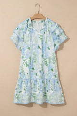 Sky Blue Floral Contrast Edge Ruffle Sleeve Tie Neck Mini Dress - Femstylo