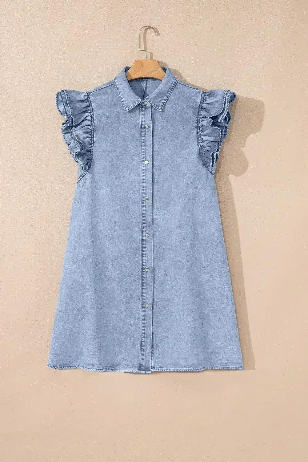 Beau Blue Ruffle Sleeve Button Down A-line Mini Denim Dress - Femstylo