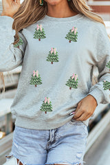 Gray Sequined Xmas Tree Patched Patterned Holiday Pullover Sweatshirt