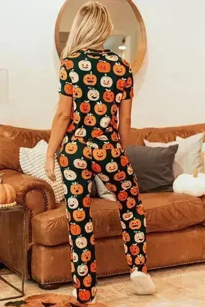 Pumpkin Printed Short Sleeve Top and Pants Lounge Set - Femstylo