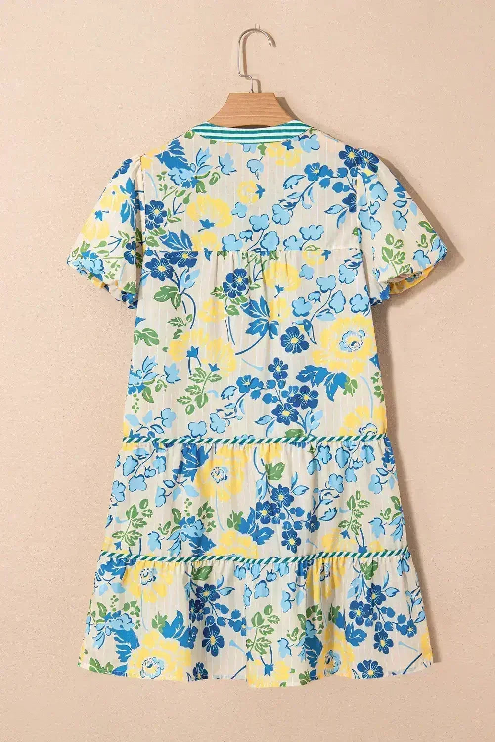 Blue Floral Print Striped Trim Puff Sleeve Mini Dress - Femstylo