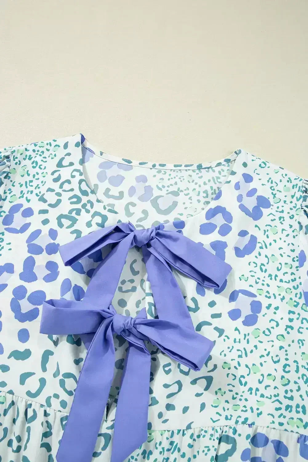 Sky Blue Leopard Bow Front Puff Sleeve Mini Dress - Femstylo